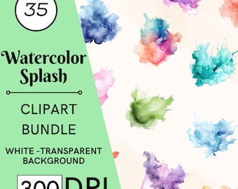 35 Pastel Watercolor Alcohol Ink Splash Clipart, Abstract PNG Bundle, Commercial Use, Digital Download