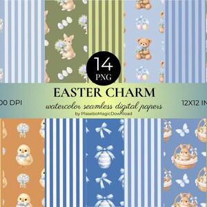Könnte beinhalten: Ein digitales Papier-Set mit Ostermotiv. Das Design umfasst Hasen, Küken, Eier und Schleifen. Die Farbpalette zeigt Pastelltöne von Blau, Grün, Orange und Braun. Der Text "EASTER CHARM" und "watercolor seamless digital papers" sind ebenfalls enthalten.