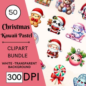 50 Clipart de Natal Kawaii Pastel, PNG Gráficos de Natal, PNG e Jpeg para adesivos - imprimíveis, Fundo Transparente, Natal Fofo