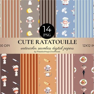 May include: A set of 14 watercolour seamless digital papers with a "Cute Ratatouille" theme. Designs include chefs, mice, cheese, and food. The papers are 12x12 inches and 300 DPI.