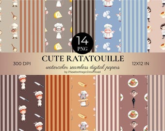 Naadloos Ratatouille-patroon, chef-kok, aquarel digitaal papier (PNG, JPG, 300 DPI)