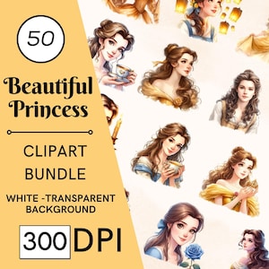 Ensemble de 50 cliparts belle princesse - 300 ppp, haute résolution, fond transparent pour usage commercial, parfait pour les cadeaux DIY et les travaux manuels