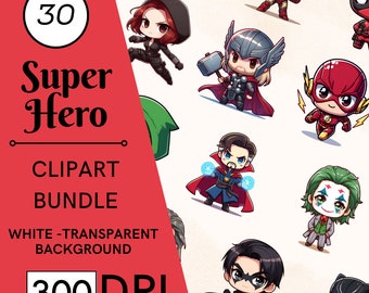 30 Super Hero Clipart Bundle, Watercolor Illustrations, Nursery Art, Commercial Use, Digital Download