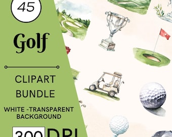 45 Golf Watercolor Clipart, Sports PNG Bundle, Nursery Decor, Commercial Use, Digital Download