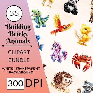 Op de afbeelding: Een clipartbundel met 35 dieren van bouwstenen. De afbeelding bevat een groene alligator, een rood-gele vogel, een paarse eenhoorn, een gele kuiken en een rode krab. De tekst op de afbeelding luidt "Building Bricks Animals Clipart Bundle".