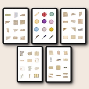 May include: Five digital screens displaying various vintage paper textures and decorative elements, including wax seals, quills, and a rolled up scroll. The paper textures are in shades of brown and cream.