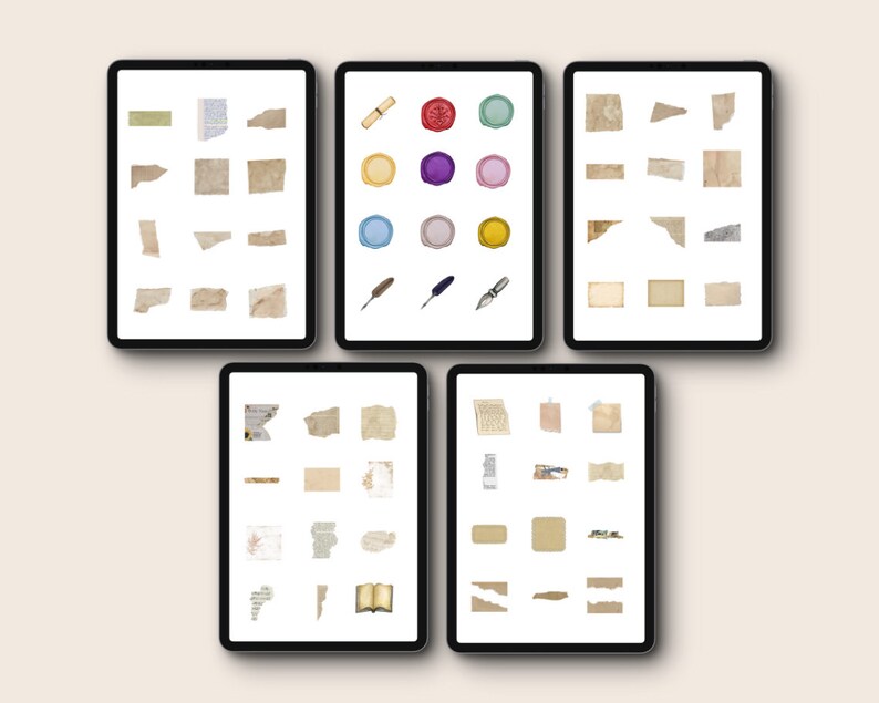 May include: Five digital screens displaying various vintage paper textures and decorative elements, including wax seals, quills, and a rolled up scroll. The paper textures are in shades of brown and cream.