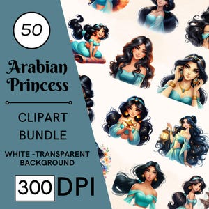 50 Watercolor Arabian Princess Clipart - 300 DPI, High-Resolution, Transparent Background for Commercial Use, Perfect for DIY Gifts & Crafts