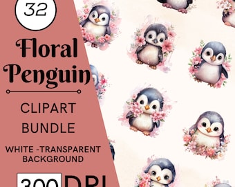 32 Watercolor Baby Penguin Clipart, Floral PNG Bundle, JPG, Commercial Use, Digital Download