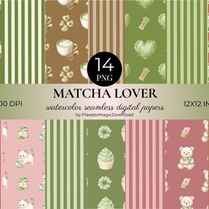 Könnte beinhalten: Ein digitales Papier-Set namens "Matcha Lover" mit nahtlosen Aquarellmustern. Designs umfassen Matcha-Getränke, Herzen und gestreifte Hintergründe. Das Set enthält 14 PNG-Dateien, jeweils 30,48 cm x 30,48 cm, mit einer Auflösung von 300 DPI.