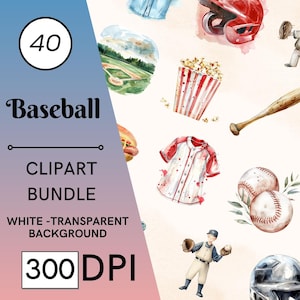 40 Baseball Watercolor Clipart, Sports Graphics, Nursery Decor, Commercial Use, Digital Download