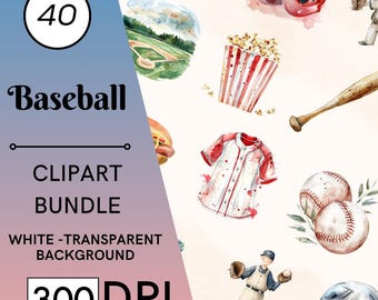 40 Baseball Watercolor Clipart, Sports Graphics, Nursery Decor, Commercial Use, Digital Download