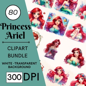 80 imágenes prediseñadas de La Sirenita, imágenes prediseñadas de la princesa Ariel, uso comercial completo, imágenes prediseñadas de princesas de cuento de hadas en acuarela, con descarga instantánea