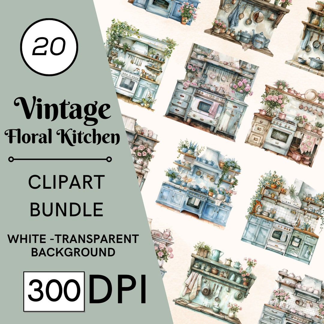 vintage floral kitchen scene clipart set graphic by... 30 Vintage Floral Kitchen Clipart: Shabby Chic Watercolor, Commercial ...