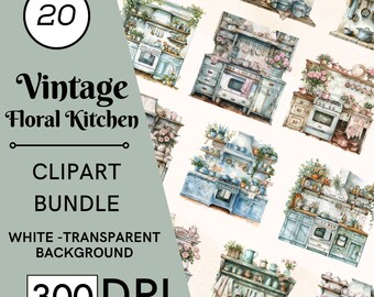 30 Vintage Floral Kitchen Clipart: Shabby Chic Watercolor, Commercial Use, Digital Download