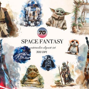 Puede incluir: Un conjunto de imágenes prediseñadas de acuarela titulado "Space Fantasy" con varios personajes y elementos del universo de Star Wars. El conjunto incluye imágenes de personajes como Yoda, Darth Vader y R2-D2, junto con otras ilustraciones temáticas espaciales.