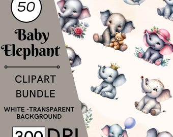 50 Watercolor Baby Elephant Clipart, Nursery Decor, Commercial Use, Digital Download