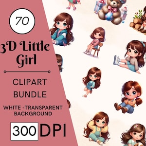 70 個のかわいい 3D スタイルの女の子のクリップアート バンドル、子供のクリップアート、子供の PNG 昇華グラフィック バンドル、かわいい女の子の PNG、すぐに商用利用可能