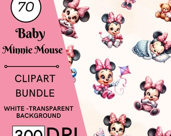 70 imágenes prediseñadas de Minnie Mouse bebé, acuarela de bosque PNG, arte infantil, uso comercial, descarga digital