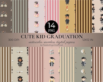 14 Graduation Seamless Pattern, Watercolor Kids, Caps & Diplomas, Digital Download