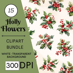 15 Holly Berries and Leaves clipart, High-Quality 300 DPI PNGs- Printables with Commercial Use - Instant Digital Download