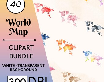 May include: A digital clipart bundle featuring 40 watercolor world map illustrations in various colors. The text includes "World Map Clipart Bundle" with a white-transparent background and 300 DPI.