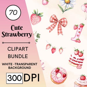 70 Clipart di fragole ad acquerello, Clipart di bacche per il primo compleanno, Clipart di fiocchi di fragole, Clipart di dessert alla fragola, Clipart di frutta per baby shower