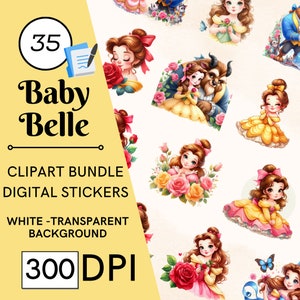 35 baby Princess Belle clipartpakket, PNG-clipart met volledig commercieel gebruik Instant Download, Children's Fantasy Princess Beast-clipart
