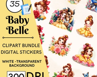 Puede incluir: Un conjunto de 35 pegatinas digitales con un bebé Belle de dibujos animados de La Bella y la Bestia. Las pegatinas están en una variedad de poses e incluyen flores, rosas y una mariposa. Las pegatinas están sobre un fondo blanco transparente y tienen una resolución de 300 DPI.