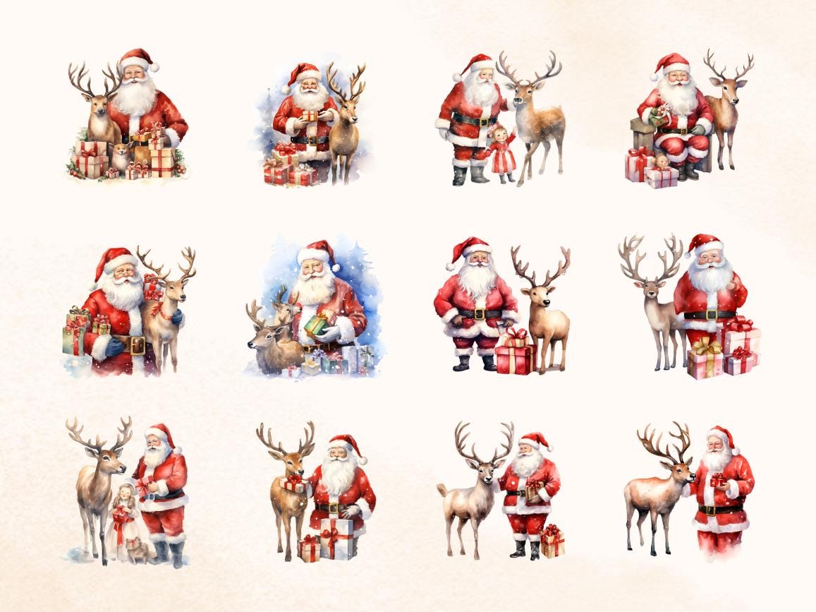50 Watercolor Santa & Reindeer Clipart, Holiday PNG Images, Digital ...