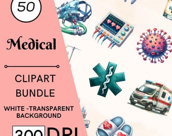 50 clipart ad acquerello a tema medico: dottore, infermiere, medicina, arte per bambini, uso commerciale, download digitale.