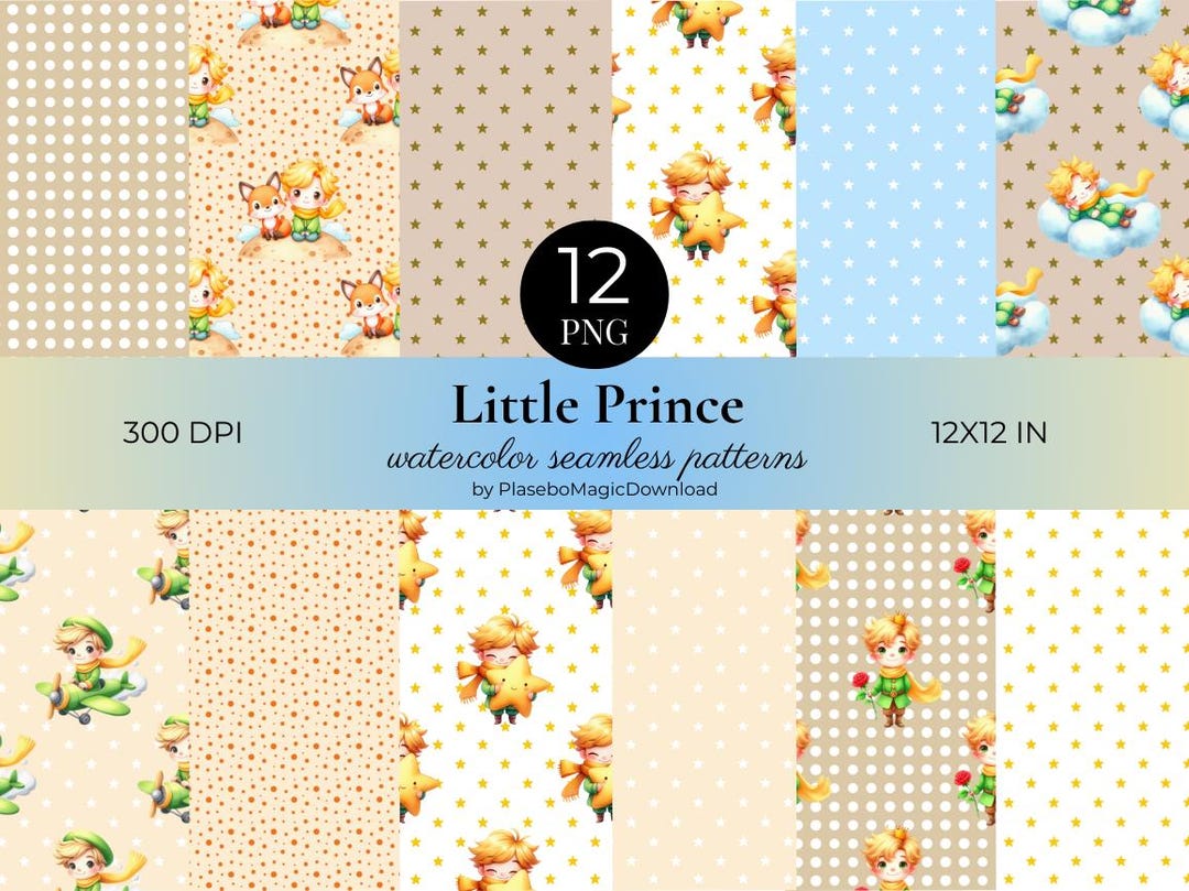 12 Watercolor Little Prince Seamless Patterns, Fantasy Digital Paper ...