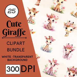 Lot de 25 cliparts girafe mignon aquarelle, bébé girafe PNG, Clipart floral girafe, animaux de la jungle, décoration de chambre d'enfant Safari, Shower de bébé PNG