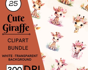 25 Watercolor Giraffe Clipart Bundle, Safari Nursery Decor (PNG, JPG, PDF)