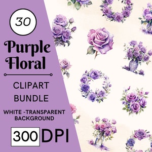 30 rosas moradas en acuarela, imágenes prediseñadas, ramos florales, PNG, uso comercial, descarga digital
