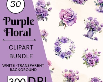 30 Purple Rose Watercolor Clipart, Floral Bouquets, PNG, Commercial Use, Digital Download