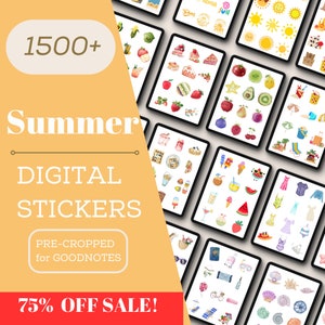 May include: A digital sticker pack with over 1500 summer-themed illustrations. The stickers are pre-cropped for use with Goodnotes. The text "75% OFF SALE!" is displayed in red.