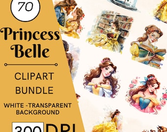 May include: A digital clipart bundle featuring 70 Princess Belle illustrations. The images include watercolor portraits of Belle, scenes with the Beast, and other related graphics. The text on the image reads "Princess Belle Clipart Bundle" and "300 DPI".