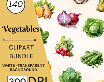 140 akvarell grönsaks clipart-paket, PNG-illustrationer, barnrumskonst, kommersiellt bruk, digital nedladdning