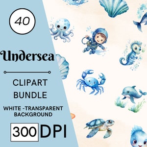 40 Unterwasser Aquarell Clipart Bundle - Kinderzimmer Dekor, Baby Wandkunst, niedliche Meerestiere PNG, Babyparty, Krake, Qualle Wal Seepferdchen