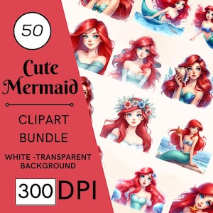 Ensemble de 50 cliparts mignonne petite sirène - 300 DPI, haute résolution, fond transparent, téléchargement numérique, parfait pour les cadeaux de bricolage et les travaux manuels