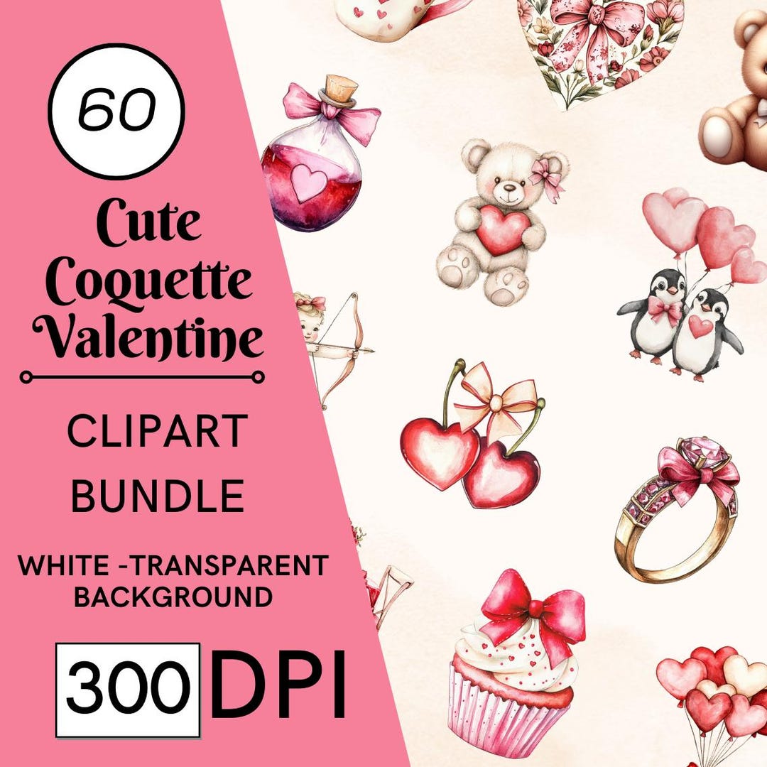 60 Cute Coquette Valentine Clipart, Watercolor Valentine Bows ...