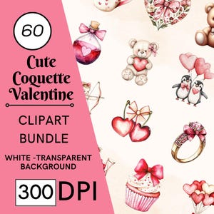 60 Clipart di San Valentino Coquette, fiocchi di San Valentino ad acquerello, clipart di scrapbooking, uso commerciale di San Valentino PNG, DOWNLOAD DIGITALE