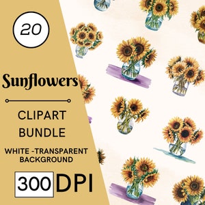 20 Aquarell Sonnenblumen Clipart, Vase Blumenvase, Kinderzimmer Kunst, kommerzielle Nutzung, digitaler Download