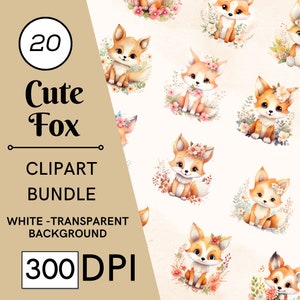 Lot de 20 cliparts aquarelle renard mignon, bébé renard floral, animal de la forêt, illustration de renard, décoration baby shower, art pour chambre d'enfant, téléchargement numérique