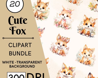 20 aquarel Fox clipartbundel, bloemen bosdieren, kinderkamerkunst, commercieel gebruik, digitale download