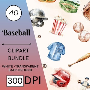 40 Baseball Watercolor Clipart, Sports Graphics, Nursery Decor, Commercial Use, Digital Download
