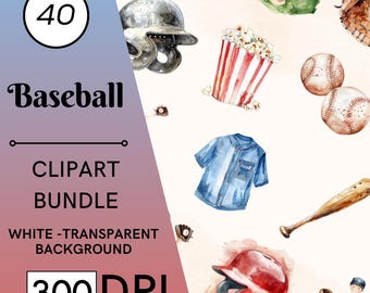 40 Baseball Watercolor Clipart, Sports Graphics, Nursery Decor, Commercial Use, Digital Download