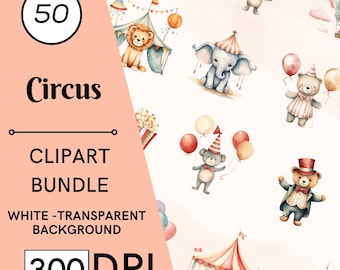 50 Watercolor Circus Clipart, Circus Animals, Nursery Decor, Commercial Use, Digital Download