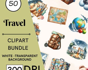 50 Travel Watercolor Clipart, Adventure Illustrations, Nursery Art, Commercial Use, Digital Download